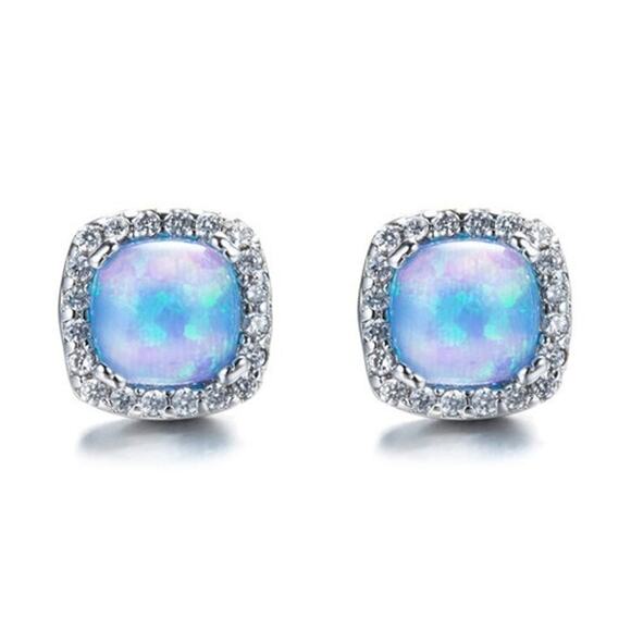 Blue Square Simulated Opal Silver Stud Rhinestone Earrings - Picture 1 of 1